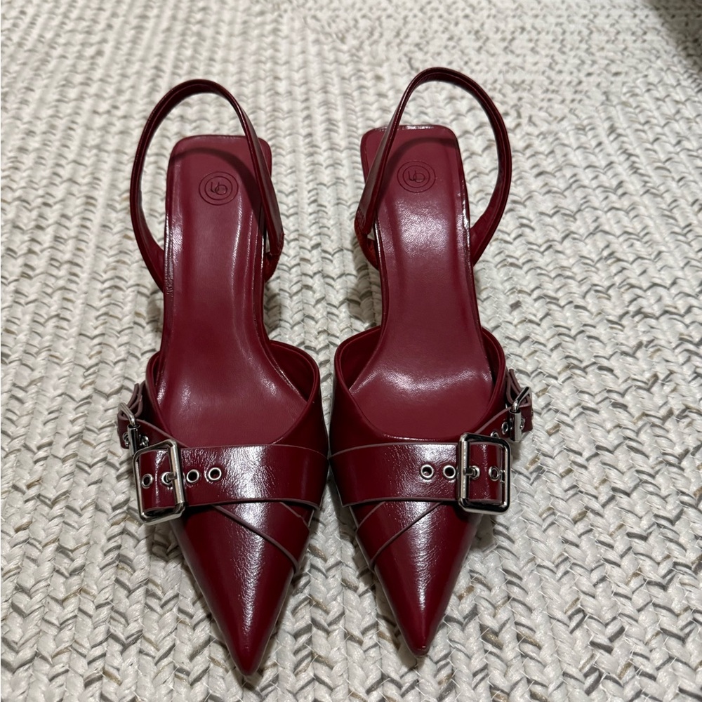 NEW Urban Outfitters Burgundy Buckle Slingback Kitten Heels - Picture 7 of 12